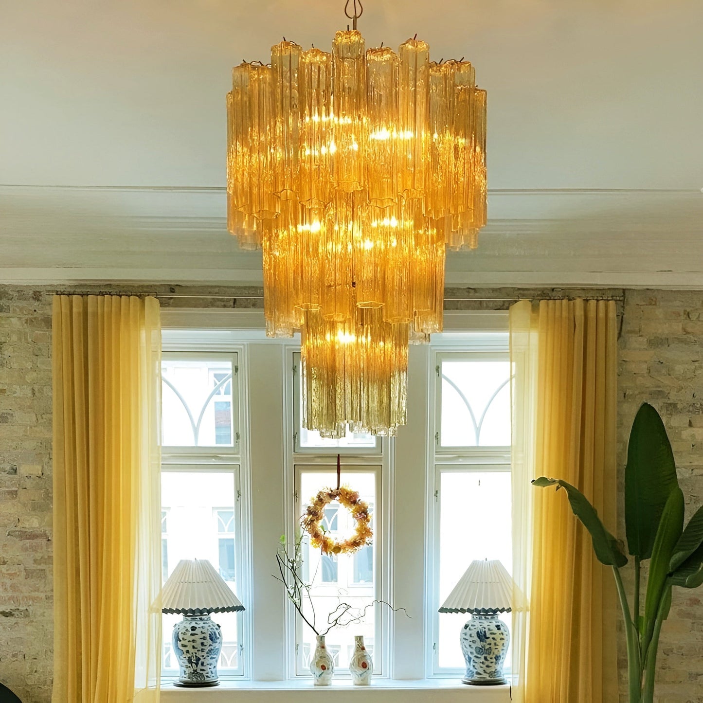 Elegant Yellow Glass Tube Chandelier with Adjustable Height & LED Comp
