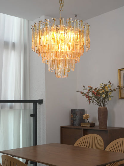 Elegant Golden Amber Glass Chandelier with Adjustable Height & LED Com