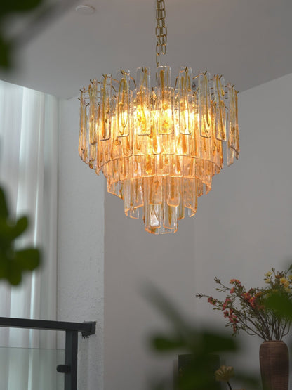 Elegant Golden Amber Glass Chandelier with Adjustable Height & LED Com