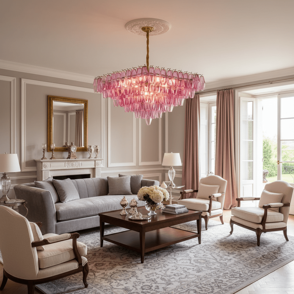 Fuchsia Prism Empire Chandelier - Elegant Design with Adjustable Heigh