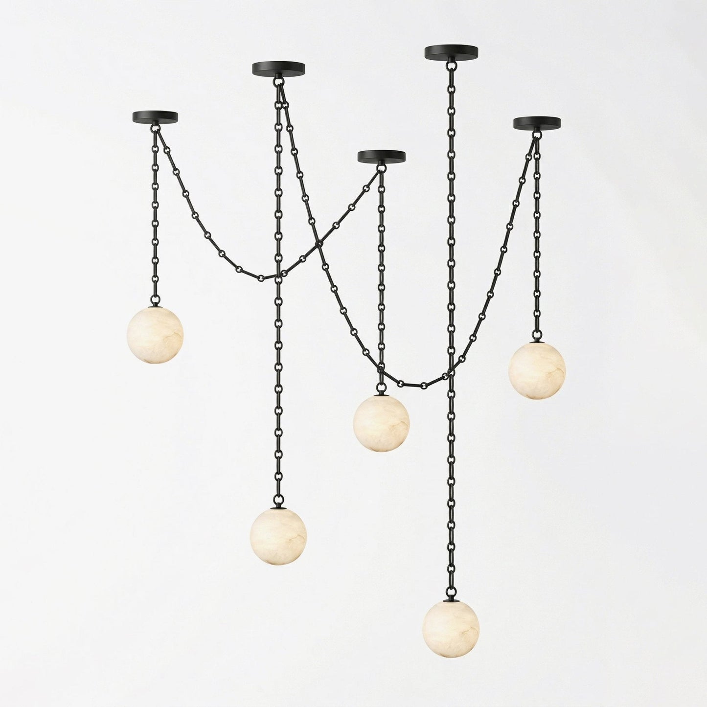 Industrial Alabaster Orb Chain Chandelier with Adjustable Height & Dim