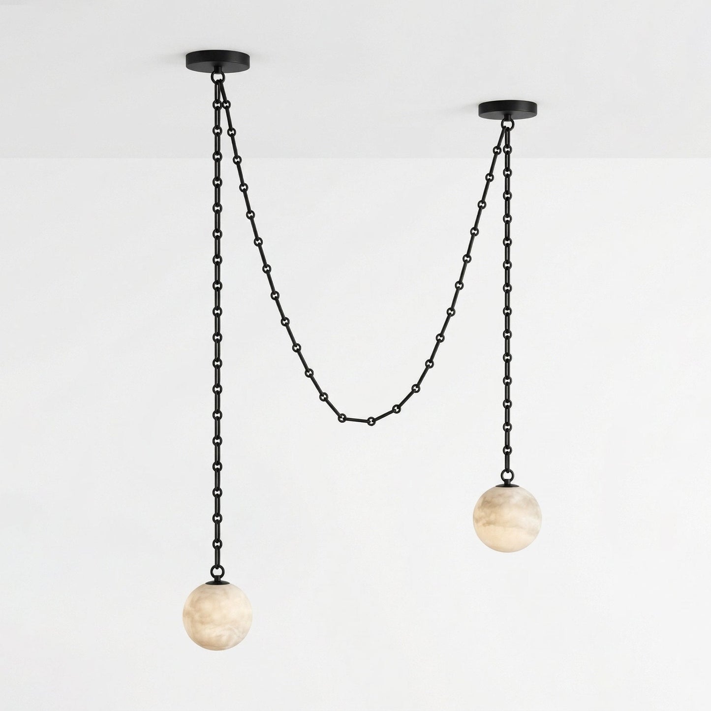 Industrial Alabaster Orb Chain Chandelier with Adjustable Height & Dim