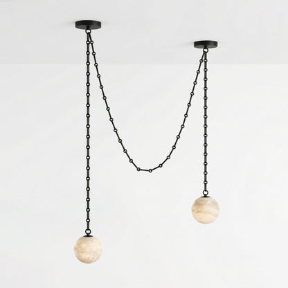 Industrial Alabaster Orb Chain Chandelier with Adjustable Height & Dim