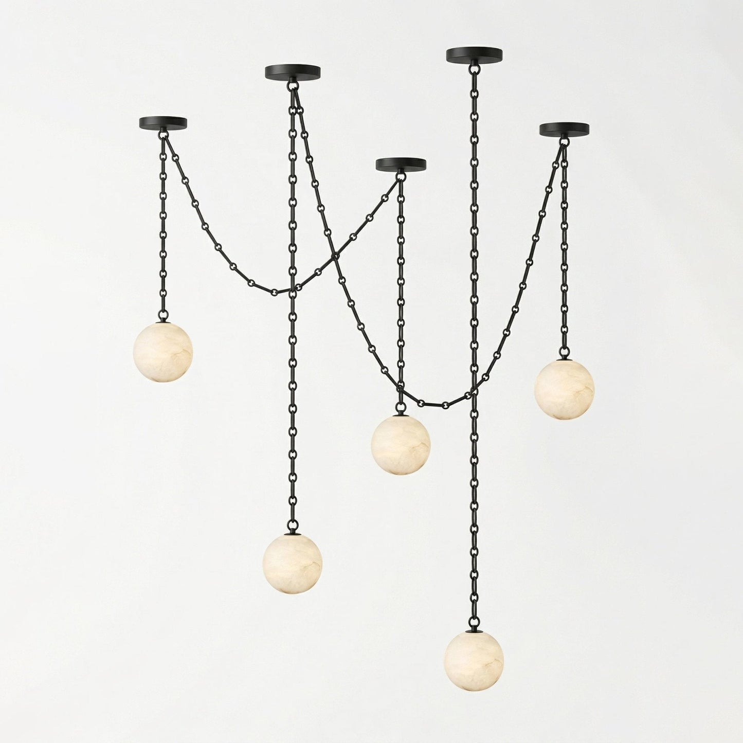 Industrial Alabaster Orb Chain Chandelier with Adjustable Height & Dim