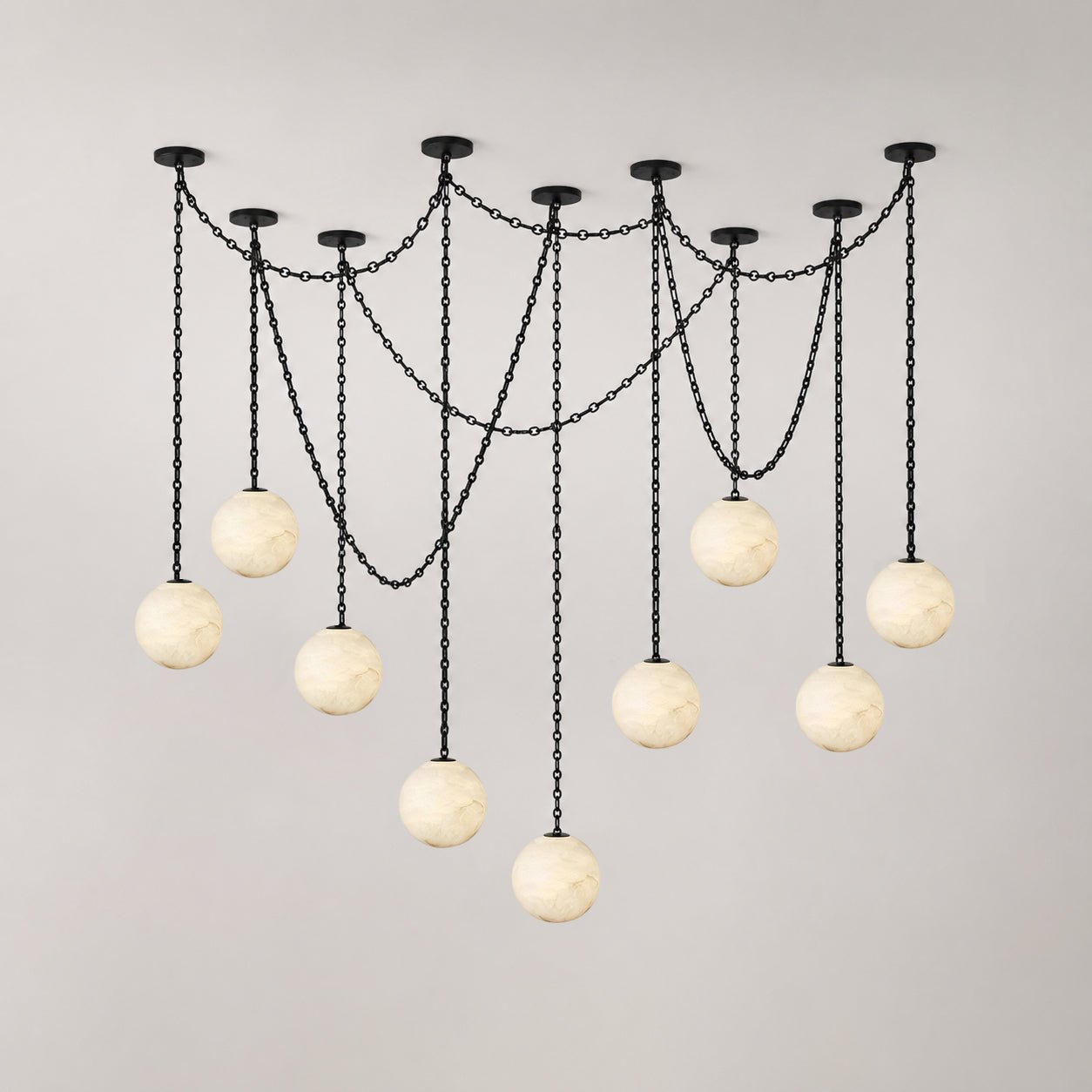 Industrial Alabaster Orb Chain Chandelier with Adjustable Height & Dim