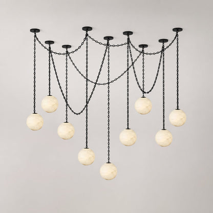 Industrial Alabaster Orb Chain Chandelier with Adjustable Height & Dim