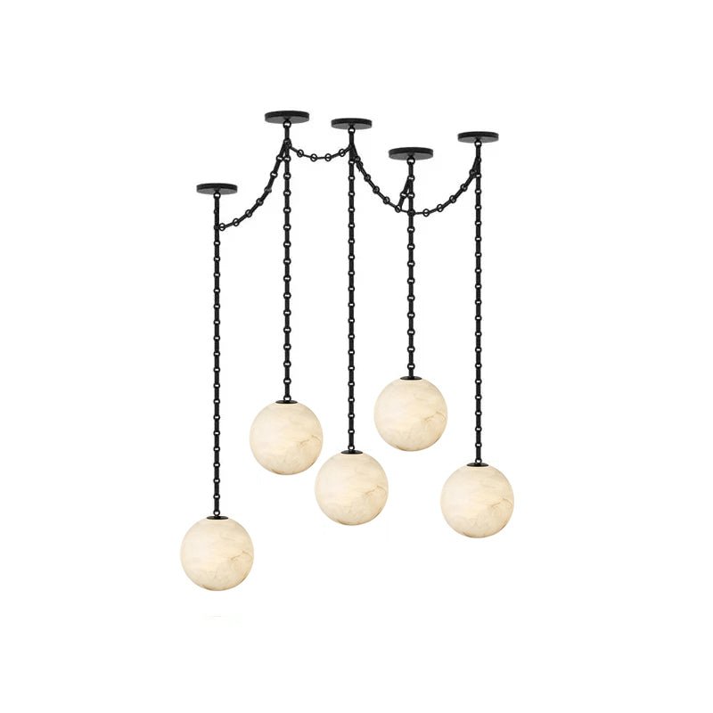 Industrial Alabaster Orb Chain Chandelier with Adjustable Height & Dim
