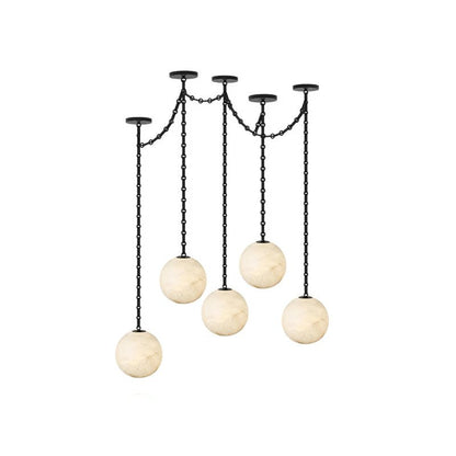 Industrial Alabaster Orb Chain Chandelier with Adjustable Height & Dim