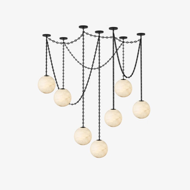 Industrial Alabaster Orb Chain Chandelier with Adjustable Height & Dim