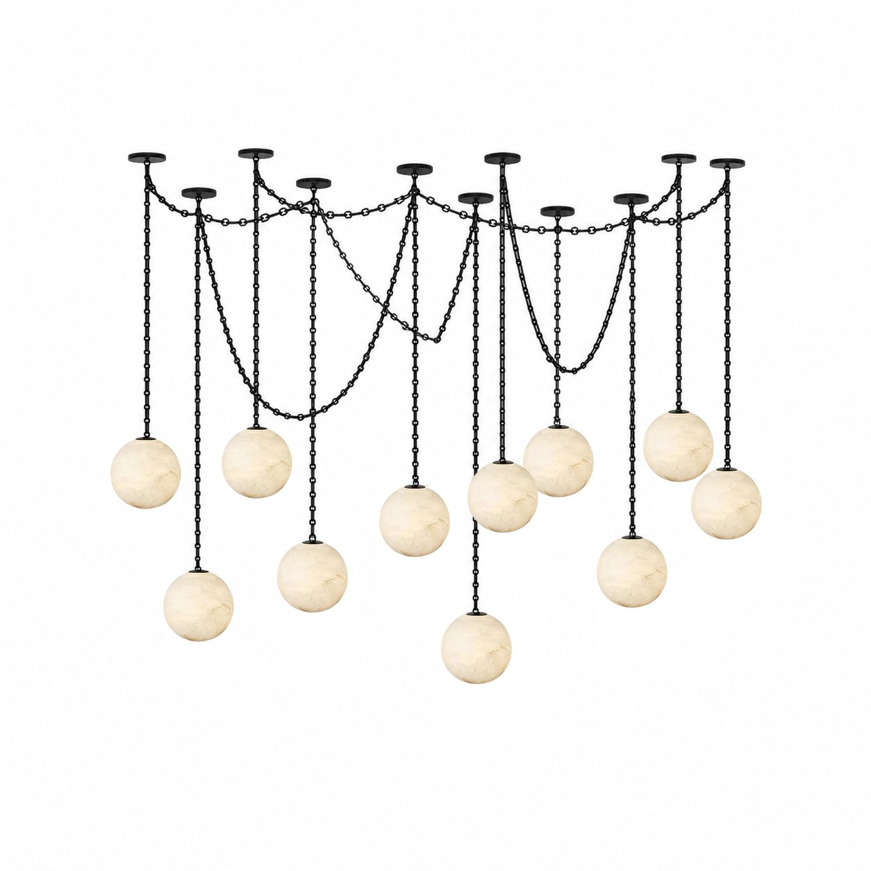 Industrial Alabaster Orb Chain Chandelier with Adjustable Height & Dim