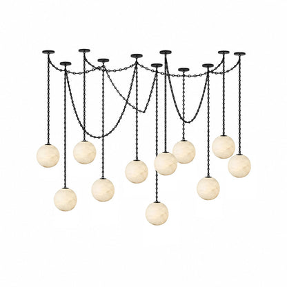 Industrial Alabaster Orb Chain Chandelier with Adjustable Height & Dim