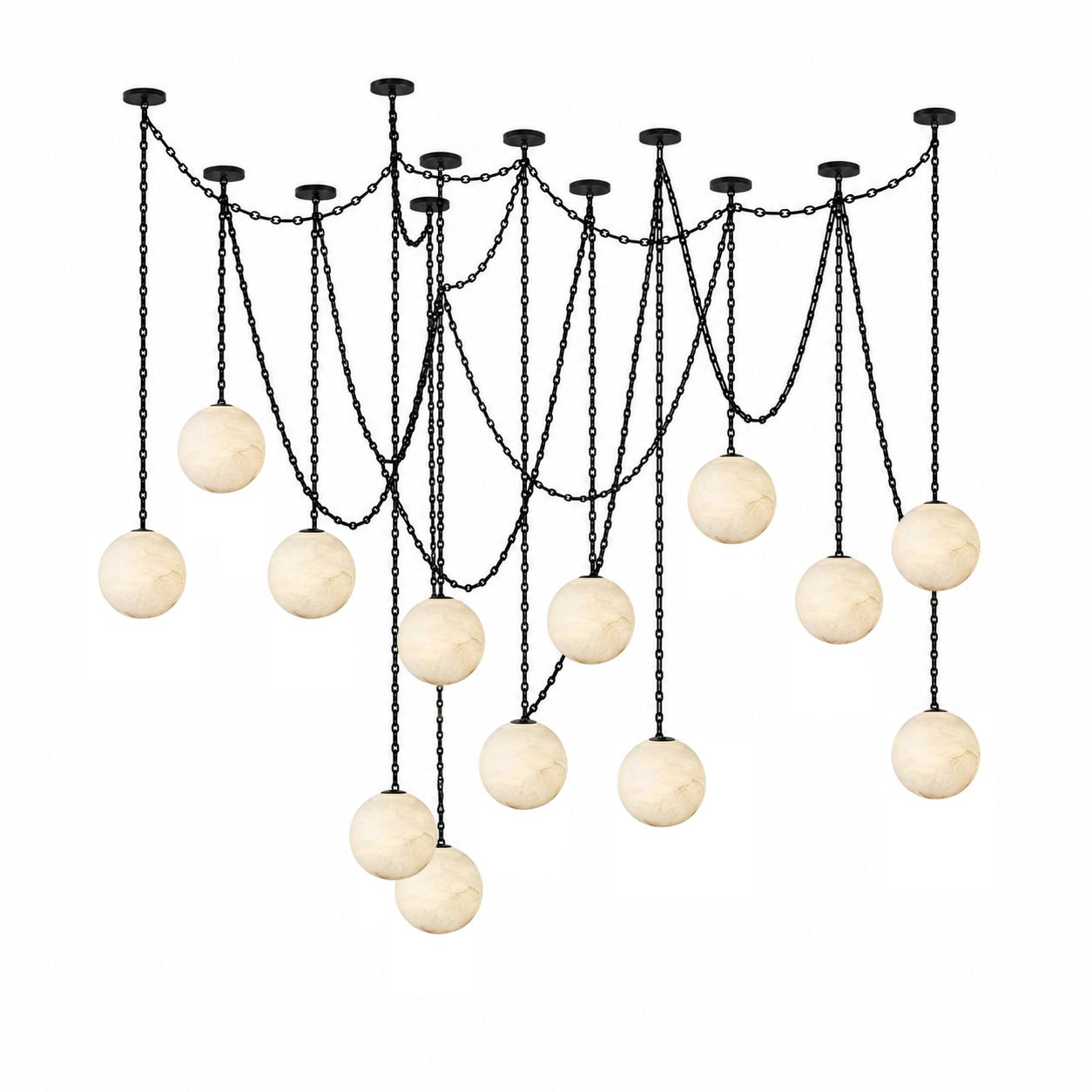 Industrial Alabaster Orb Chain Chandelier with Adjustable Height & Dim